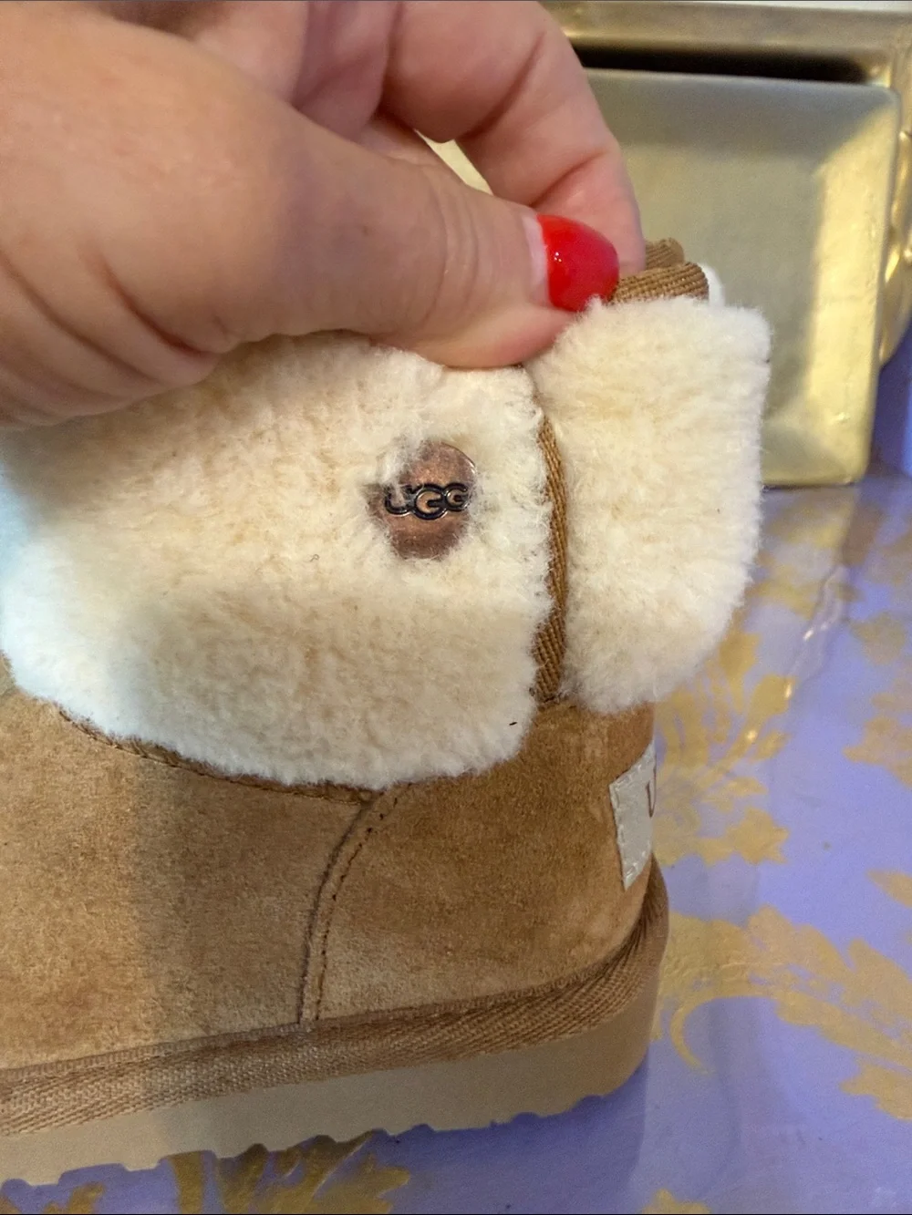 UGG Chestnut Suede Shearling Cuff Kids Slippers